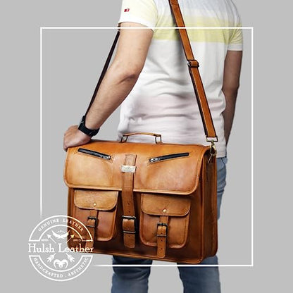 Leather Messenger Bag for Men and Women 18 Inch | Best Laptop Briefcase Satchel Computer Bag with Adjustable Strap - color: Tan