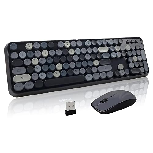 Wireless Keyboard and Mouse Combo, Retro Typewriter Style Round Key Keyboard, 2.4GHz Wireless Full Size Keyboard with Number Pad for Long Nails PC Laptop Desktop- Black Grey - color: Black grey wireless keyboard and mouse