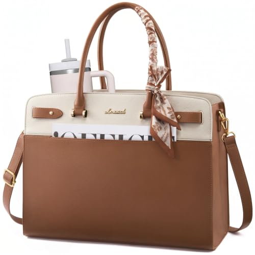 LOVEVOOK Laptop Tote Bag for Women, 15.6 Inch Large Faux Leather Work Bag Waterproof Briefcase Handbag for Teacher Business | Gift - color: Tan&cream, size: 15.6 inch