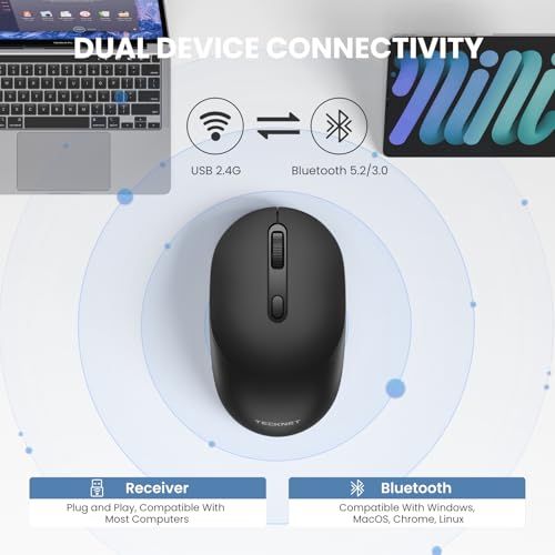 TECKNET 3-Device Portable Wireless Bluetooth Mouse for Laptop Black | Silent Click, Ambidextrous Ergonomic Design, Adjustable 4800 DPI, Wide Compatibility for Laptop, PC, iPad, MacBook - color: Black