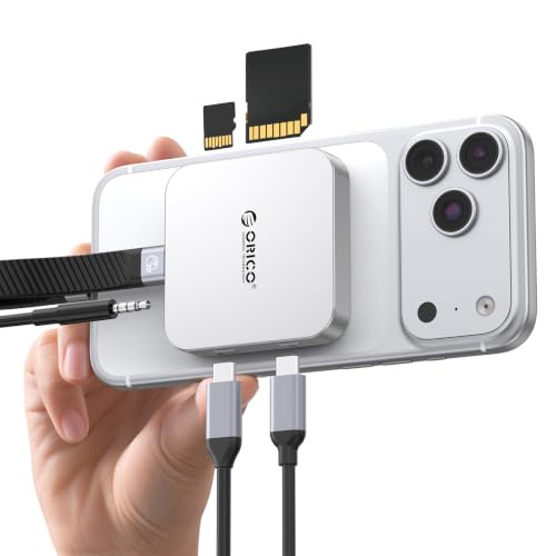 ORICO Ultra-Thin Magnetic SD Card Reader for iPhone 17/16/15 Series/iPad/MacBook, USB C Camera Adapter with SD/TF 3.0 Solt, 5Gbps USB-A, 3.5mm AUX, 100W PD Pass-Through - color: Silver, size: 6 IN 1