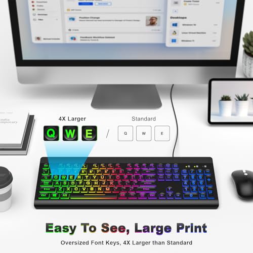 Atelus Large Print Backlit Keyboard, USB Wired Computer Keyboard, Full Size Keyboard with Rainbow Illuminated LED Compatible for Windows Desktop, Laptop, PC, Gaming, Black - color: Black-Rainbow Light