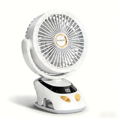 PILSAMAS Clip on Fan Rechargeable, 10000mAh LED Desk Fan with Clamp | Durable ABS plastic shell, Solid metal spring clamp, Great for stroller, Office desk, Camping tent, Treadmill