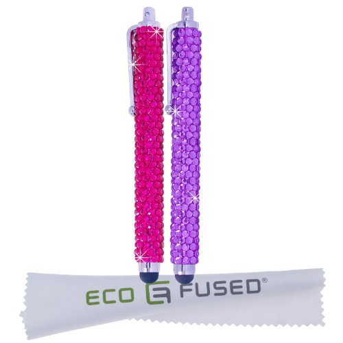 Eco-Fused Universal Bling Stylus Pens - 2 Long Gem Covered Stylus Pens Compatible with All Capacitive Touchscreen Devices/Microfiber Cleaning Cloth - color: Pink + Purple