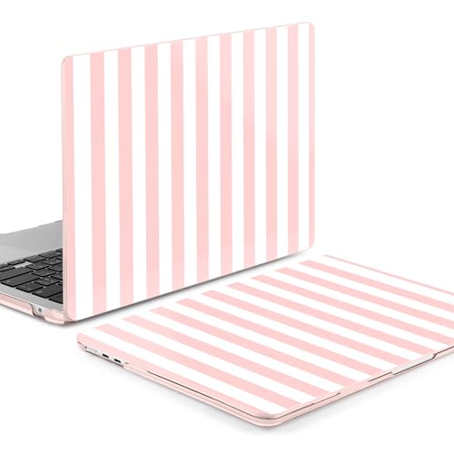 Batianda LumiArt Case for MacBook Air 13.6" M2-M5 Chip, Pink White Stripe | 4-in-1 set with cute preppy pink white striped design, lightweight ultra slim hard shell protection for teen girls and women - color: Pink Stripe