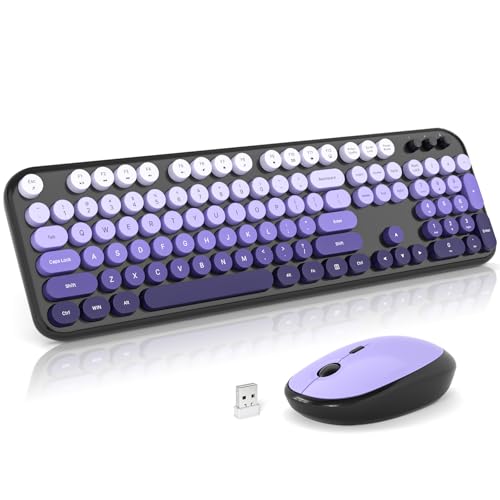 Atelus Wireless Keyboard and Mouse, Typewriter Full Size Keyboard with Number Pad and 2 in 1 USB Connected Mouse for Windows 7/8/10, Laptop, Desktop, PC, Computer (Black Purple) - color: Black Purple