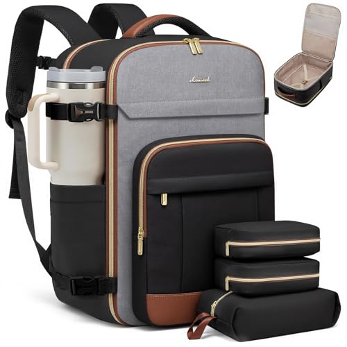 LOVEVOOK Travel Backpack for Women & Men - 17.3 Inch Carry On Backpack & Personal Item Backpack for Airlines, Spacious and Durable Design, with 3 Packing Cubes - color: Black-grey-brown, size: Large-40L-4Pcs