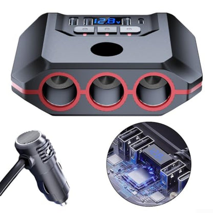 7 in 1 Car Adapter with 4 USB Ports and 3 Sockets, 120W Dual Voltage (12V/24V) Charging Splitter for Cars, Trucks, SUVs, Red