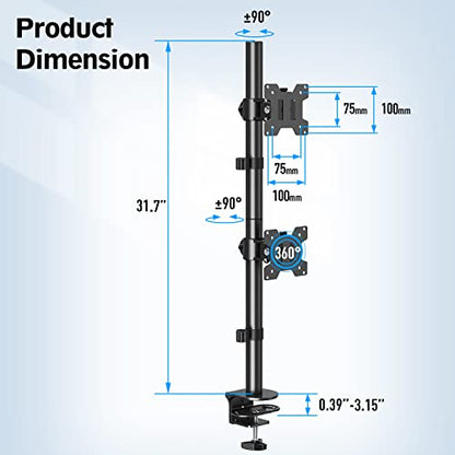 MOUNTUP Dual Monitor Stand, Vertical Monitor Mount for 2 Max 32 inch Stack Screen Monitors, Height Adjustable, Swivel, Tilt Monitor Desk Mount with C Clamp Grommet Base, Home Office - size: Dual