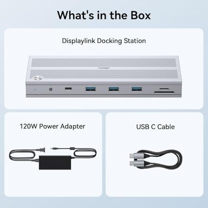 Displaylink Docking Station 3 Monitors with 120W Power Adapter, 14-in-1 Laptop Dock for MacBook M1/M2/M3/M4/Windows, 3XHDMI, 5 USB Ports, Ethernet, Audio, SD/microSD