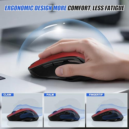 Bluetooth Wireless Mouse, 2.4G Ergonomic Rechargeable Computer Mouse for MacBook Air iPad Pro PC with Jiggler Mode, 3 DPI Levels & Forward/Back Buttons Laptop Mice for Office/Home/School - Red - color: Bluetooth Wireless Mouse (Red)
