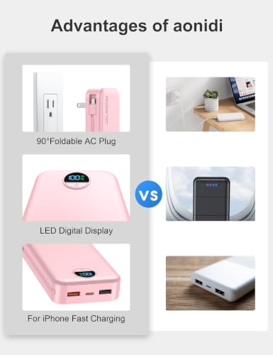 20000mAh Ultra Portable Charger Power Bank with inBuilt Cables&AC Wall Plug | PD20W USB-C Fast Charging Cell Phone Charger Battery Pack,LED Display Travel Battery Bank for All iPhone,Samsung,Android - color: Pink-20Ah