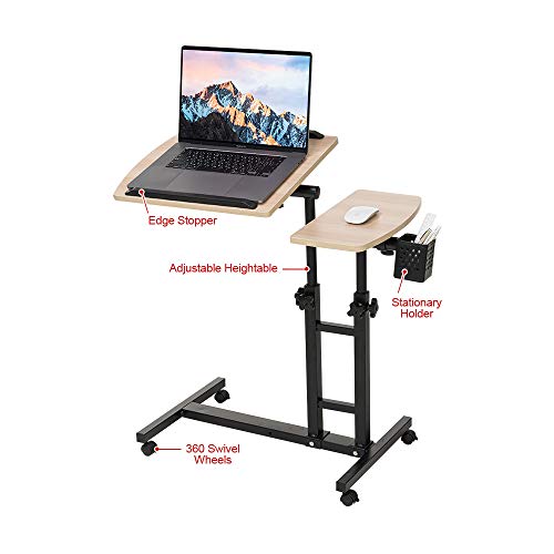 Adjustable Overbed Laptop Table Tilting Top with Mouse Pad, Height Adjustable Rolling Bedside Desk with Wheels for Home, Hospital, Sofa Use - Dark Blond Wood - color: Blond Wood