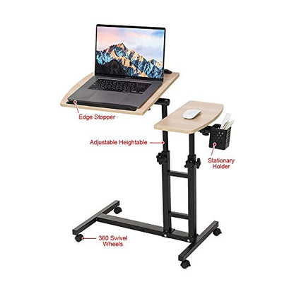 Adjustable Overbed Laptop Table Tilting Top with Mouse Pad, Height Adjustable Rolling Bedside Desk with Wheels for Home, Hospital, Sofa Use - Dark Blond Wood - color: Blond Wood
