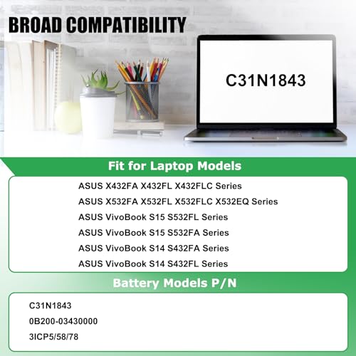 C31N1843 Laptop Battery Replacement for ASUS VivoBook S14 S432FA S432FL Vivobook S15 S532 S532FA S532FL X432FA X432FL X432FLC X532FA X532FL X532FLC S432FA-EB008T S532FA-DH55 Series 11.55V 42Wh - size: 10.92*2.94*0.23inch C31N1843
