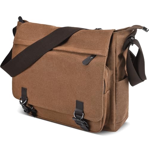 CAAORDKSO Canvas Vintage Messenger Bag Shoulder bag Large Travel Crossbody bags for Men Women 14 inch Laptop Bag Bookbag Work - color: Coffee
