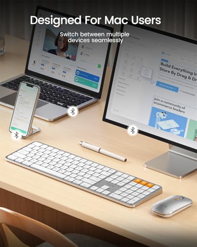 ProtoArc KM100-A Backlit Bluetooth Keyboard and Mouse for Mac, White Silver | Full-Size Mac Layout with Numeric Keypad, 3-Level White Led Backlight, 3-Device Bluetooth, Rechargeable Keyboard and Mouse - color: White Silver