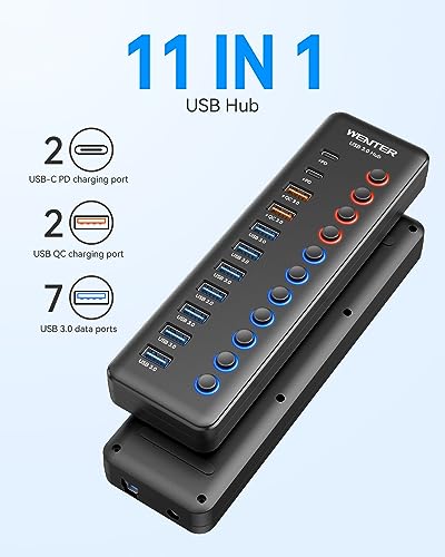 Powered USB 3.0 Hub, Wenter 48W 11-Port USB Hub Splitter (7 Faster Data Transfer Ports+ 4Pcs QC Charging Ports) with Individual LED On/Off Switches, USB Hub 3.0 Powered with Power Adapter - color: 7+2+2