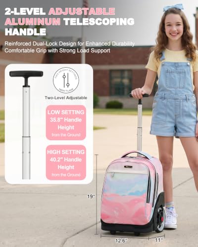 NEW TILAMI 19 Inch Rolling Backpack with Lunch Bag School Stair-Climbing | Stair-Climbing Teen Boys Girls Carry-on Suitcase Large Compartment 15.6 Laptop Sleeve Adjustable Handle Roller Travel Bag - color: Pink