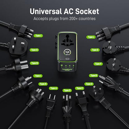 Epicka Pulse Duo 140W Universal Travel Adapter PD 3.1, 2AC/2USB-C/2USB-A | International Power Adapter with Smart Display, 3.28ft Cable, PPS Fast Charging for MacBook/iPhone - style: Pulse Duo 140W with Smart Display