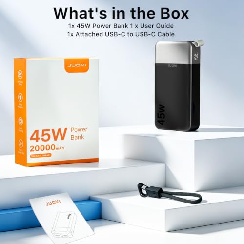 JUOVI Power Bank 45W 20000mAh Portable Charger with Detachable Cable | USB C Fast Charging with 4 Ports, LED Display External Battery Pack for iPad Tablet Switch iPhone Samsung etc - color: Black