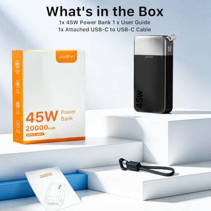 JUOVI Power Bank 45W 20000mAh Portable Charger with Detachable Cable | USB C Fast Charging with 4 Ports, LED Display External Battery Pack for iPad Tablet Switch iPhone Samsung etc - color: Black