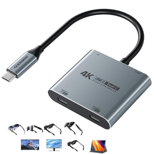 Guermok 4-in-1 Dual USB-C Display Hub, 4K@60Hz Video Output, PD 100W Input & USB 3.0 5Gbps, Compatible with AR Glasses, Switch 2, Laptops, Portable Monitors & Type-C Displays（Silver）