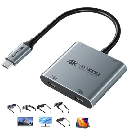 Guermok 4-in-1 Dual USB-C Display Hub, 4K@60Hz Video Output, PD 100W Input & USB 3.0 5Gbps, Compatible with AR Glasses, Switch 2, Laptops, Portable Monitors & Type-C Displays（Silver）