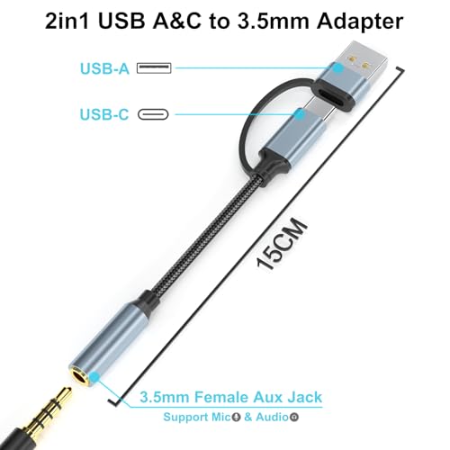 USB-C 3.5mm Audio Adapter with Type-A Converter, TRRS Headphone Jack & Mic | 2-in-1 USB-A & USBC to 1/8" AUX Cable Dongle for iPhone 17/16/15,iPad Pro/Air/Mini,Samsung Galaxy,MacBook,PC,Laptop,Headset