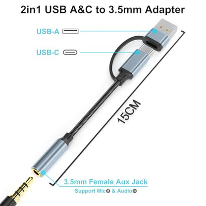 USB-C 3.5mm Audio Adapter with Type-A Converter, TRRS Headphone Jack & Mic | 2-in-1 USB-A & USBC to 1/8" AUX Cable Dongle for iPhone 17/16/15,iPad Pro/Air/Mini,Samsung Galaxy,MacBook,PC,Laptop,Headset