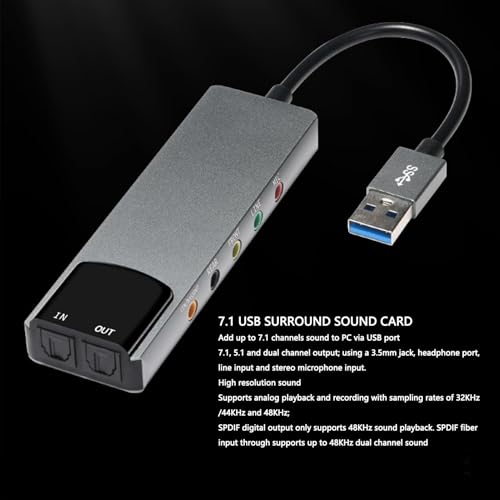 7.1 USB Surround Sound Card, External Sound Card for PC Laptop with SPDIF Digital High Resolution Audio, for Gaming Movies Music