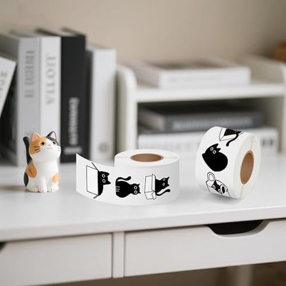 CNhoqc Black Cat Sticker Rolls - 2000Pcs Black White Cute Black Cat Animal Water Bottle Stickers Coloring Book Self Adhesive Waterproof Vinyl Scrapbook Supplies Page Activity Pad Birthday Party Favors - style: Black Cat 4-Rolls