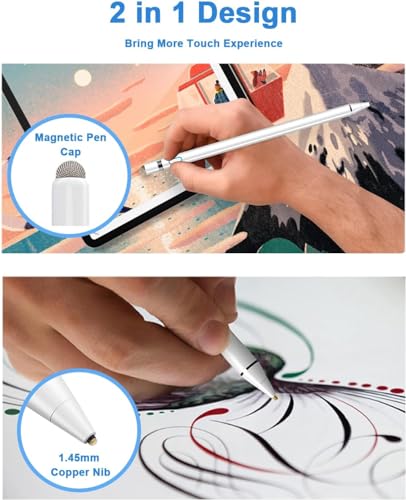 Stylus Pen for Touch Screen 1.5mm Fine Point Pen for iPhone Rechargeable Universal iPad Pencil Compatible with Android/iOS/iPad/iPhone/Smartphone Other Tablets/Nintendo Switch 2 (White) - color: White