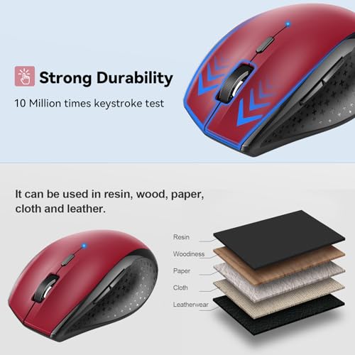TECKNET Bluetooth Mouse, Wireless Silent 6 Buttons 2-Yr Battery, Red | BT 5.0/3.0, 6-Level DPI to 4800, Wide OS Compatible, Ergonomic for M/L Hands, Extended Battery - color: Red