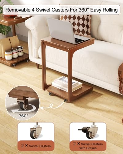 AQIMUELE Wooden C-Shaped End Table,Couch Table with Adjustable Desktop,Small Rolling Side Table with 2 Lockable Wheels,Small End Table for Couch, Living Room,Bedroom (Walnut) - color: Walnut, size: 15.6"D x 15.7"W x 24.8"H, style: Modern 2 Tier