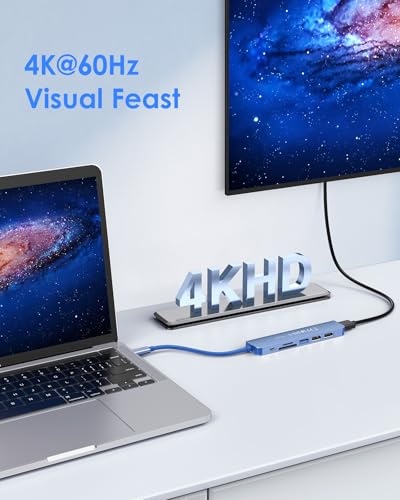 LENTION 7-in-1 USB C Hub, 4K@60Hz HDMI, 100W PD, Card Reader, USB 3.0 & 2.0 | Plug and Play, Stable Driver 3.0 Certified, for macOS, iOS/iPadOS, Windows & ChromeOS (CB-CE18, Blue) - color: Blue