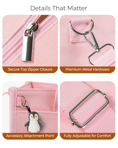 Canvas Tote Bag for Women With Zipper,14" Laptop Tote Bag for Work | Water Bottle Pocket,Padded Laptop Sleeve,Inner Key Leash,Premium Metal Hardware,Structured Canvas - color: Petal Pink