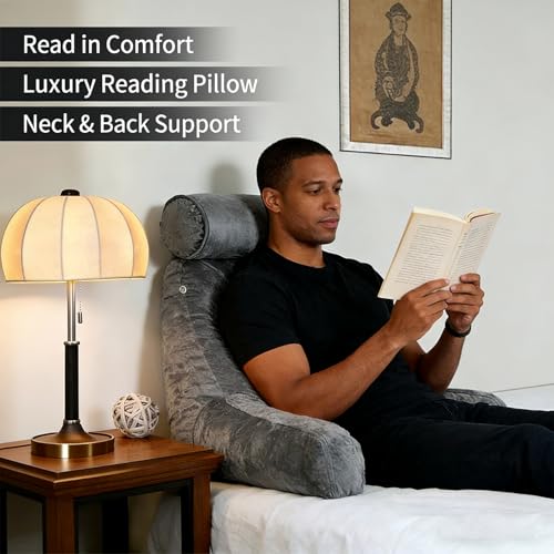 Reading Pillow for Adults Sitting‑Up in Bed, Backrest with Arms | Detachable Neck‑Cushion; Shredded Memory‑Foam; Side Pockets; Washable Velvet Cover; Gaming & TV, Sofa Use - color: Dark Grey