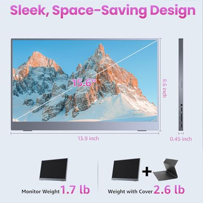 kksmart Portable Monitor 15.6 inch 1080P FHD 86% sRGB 60Hz, Travel Monitor for Laptop MacBook Surface PC Xbox PS5, HDMI USB-C VESA Compatible Built-in Speaker - size: 15.6