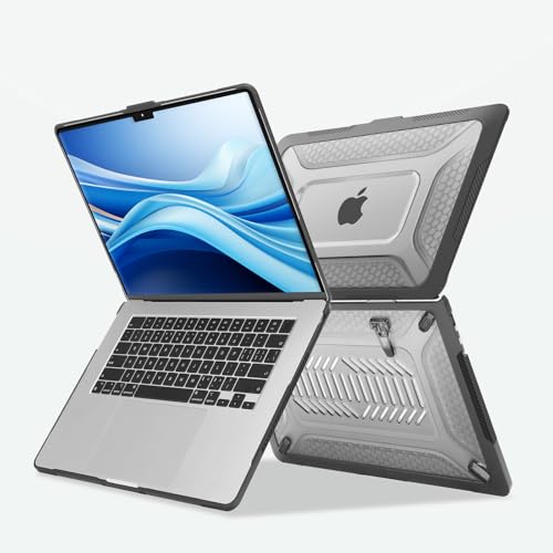 MOSISO Compatible with MacBook Air 15 inch Case M5 M4 M3 M2, Black | 2 in 1 Kit Honeycomb Shockproof Heavy Duty TPU Bumper Hard Case with Fold Kickstand for A3241 A3114 A2941 2026-2023 - color: Black