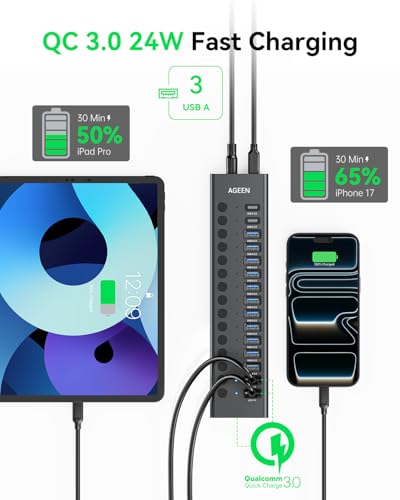 Powered USB Hub, AGEEN 16-Port USB 3.2 Hub (14 USB-A+2 USB-C), 10Gbps | 11*USB-A 3.0, 3*QC 24W Fast Charging, 2*USB-C 3.0, Plug & Play, Aluminum, 96W Power Adapter for PC, Laptop, HDD, Flash Drive