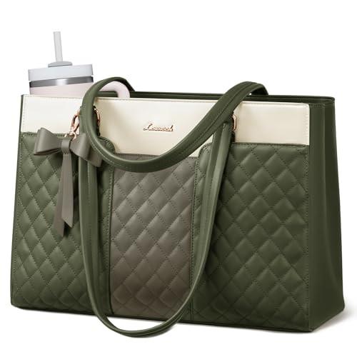 LOVEVOOK Laptop Tote Bag for Women,15.6 Inch Work Bags PU Leather Teacher Tote Bag,Waterproof Quilted Computer Bag for Office Professional Briefcase Gifts - color: White Green-a, size: 15.6 Inch