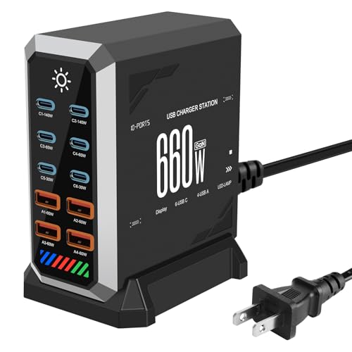 10-Port GAN Charging Station 660W, Dual 140W USBC Power Block Multiport | Multiple Phones & Laptops on One Desk - MacBook Pro, iPad, iPhone, Samsung Galaxy | 6 USB-C + 4 USB-A Type-C Power Hub