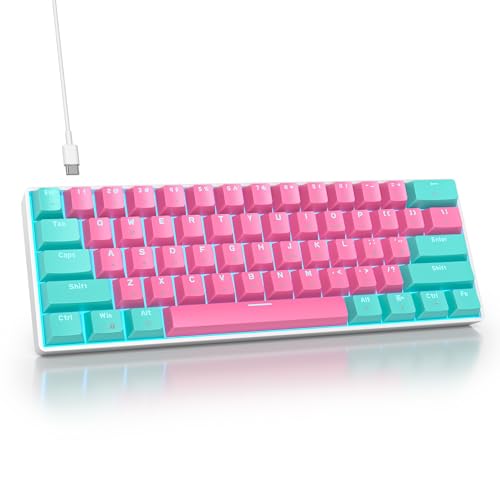Portable 60% Mechanical Gaming Keyboard, 60 Percent Red Switch LED Backlit, 61 Keys Mini Pink USB Wired Office Keyboard for Windows Mac Laptop PC - color: 61 Miami/Red Switch