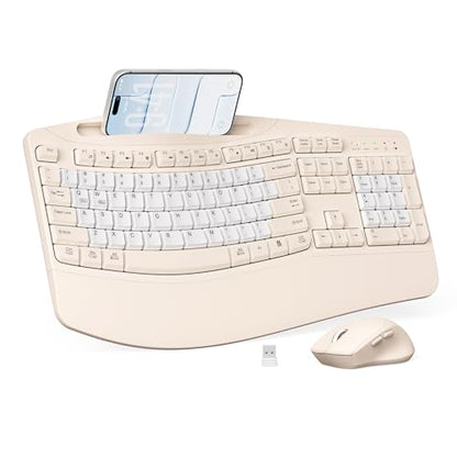 Wireless Keyboard and Mouse Combo, 2.4G Full Size Wave Keys Ergonomic Keyboard with Wrist Rest, Phone Holder, 3-Level DPI Wireless Silent Mouse with 6-Buttons, for Windows (Milk Tea-B) - color: Milk Tea-B