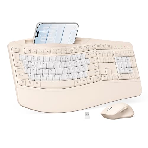 Wireless Keyboard and Mouse Combo, 2.4G Full Size Wave Keys Ergonomic Keyboard with Wrist Rest, Phone Holder, 3-Level DPI Wireless Silent Mouse with 6-Buttons, for Windows (Milk Tea-B) - color: Milk Tea-B