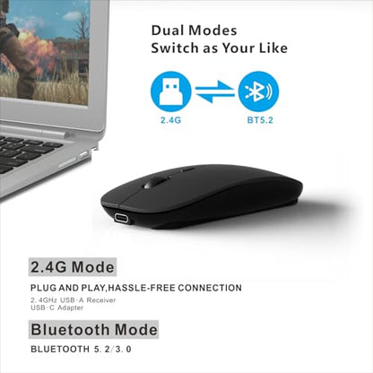 HOTDREAM Bluetooth Wireless Rechargeable Mouse for MacBook Pro/Air/iPad Air/iPad Pro/Laptop/Tablet/iPhone/PC, Bluetooth 5.2/3.0 and 2.4GHz Dual Mode Mouse (Black) - color: black