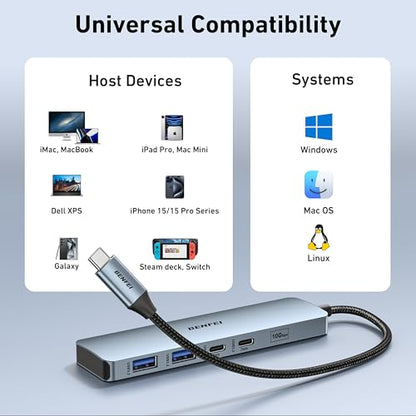 BENFEI USB C HUB 6-in-1 with HDMI(4K@60Hz), 100W Power Delivery, 10Gbps 2*USB-A and 2*USB-C, Silicone Cable, Aluminum Case Compatible with iPhone 15 Pro/Max, MacBook, iPad Pro, iMac, S23, XPS17