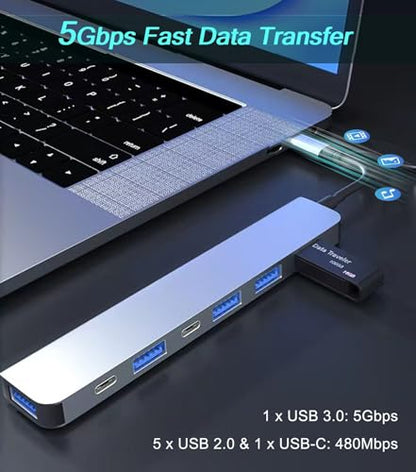 USB 3.0 Hub Splitter, 7 in 1 Aluminum USB Extender with Power Port, USBA to USB C Adapter for PC Laptop - style: 7-Port