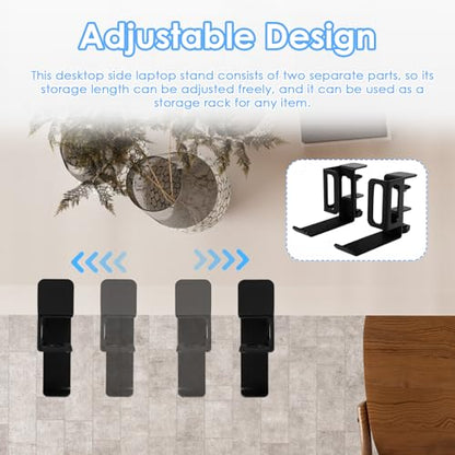 Desk Side Laptop Holder, Vertical Desk Side Storage Laptop Holder, Adjustable Laptops Mount with Headphone Hooks, No Drill Clamp for Laptops,Tablets,Keyboards,Backpack (Black)